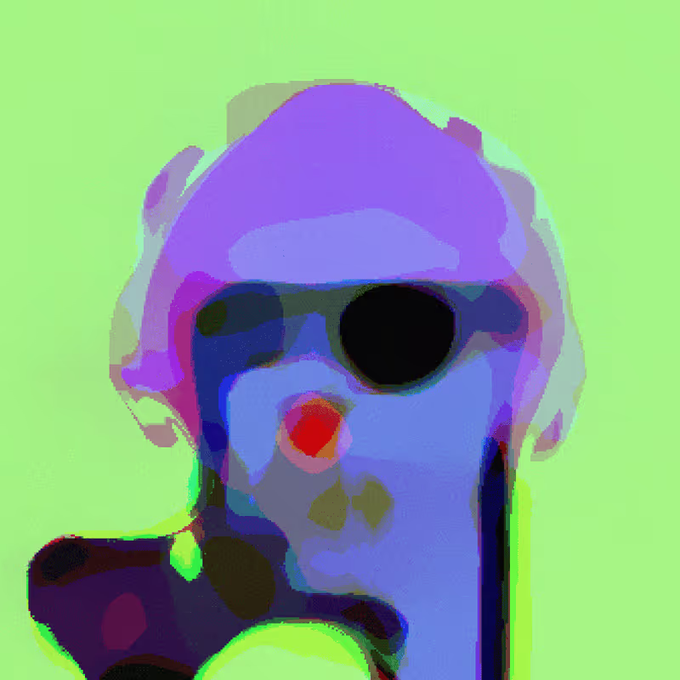 A stylized, colorful digital portrait of a figure with purple hair wearing dark sunglasses against a bright green background.