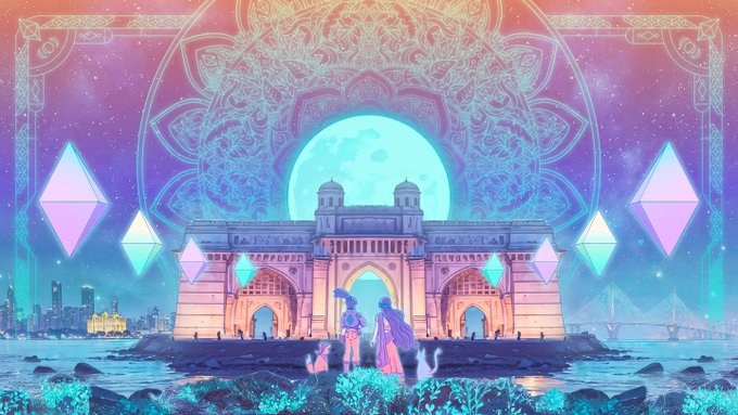 A vibrant, colorful digital artwork featuring two characters standing before a large ornate gateway structure with a full moon behind it, framed by glowing Ethereum logos, a mandala pattern, and a futuristic city skyline in the background.