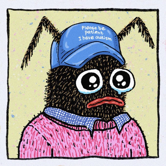 A cartoon illustration of a sad furry creature with large teary eyes wearing a blue cap that reads 'Please be patient I have autism' and a pink sweater.