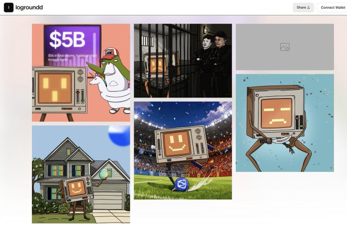 An NFT gallery page titled 'loground1' showcasing six colorful illustrations featuring retro TV character designs in various scenes including a $5B graphic, a prison setting, and a stadium.
