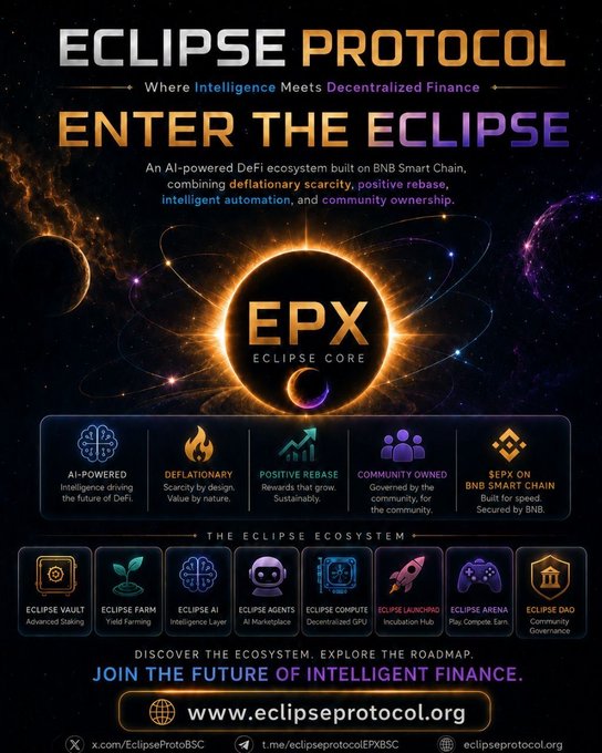 The image features a poster for an event called "Eclipse Protocol" that is happening soon, with a focus on the concept of a positive rebase deflationary model. The poster includes various icons representing different aspects of this concept, such as a rocket ship symbolizing space exploration and a brain symbolizing intelligence. The text in the image emphasizes the importance of joining the future of intelligent finance by participating in the Eclipse Protocol event.