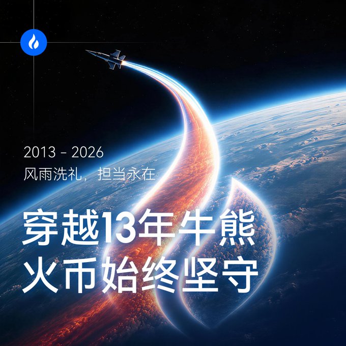 A promotional graphic featuring a rocket soaring over Earth with the text '2013 – 2026' and Chinese characters translating to 'Through 13 years of bull and bear cycles, HTX has always been steadfast.'