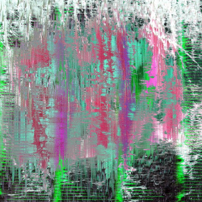 An abstract digital glitch artwork composed of vertical streaks in pink, green, teal, and white, resembling distorted static or signal interference.
