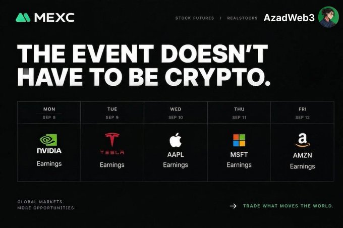 A MEXC advertisement promoting stock futures reads 'THE EVENT DOESN'T HAVE TO BE CRYPTO.' and lists earnings for NVIDIA, TESLA, AAPL, MSFT, and AMZN from Monday Sep 8 to Friday Sep 12.