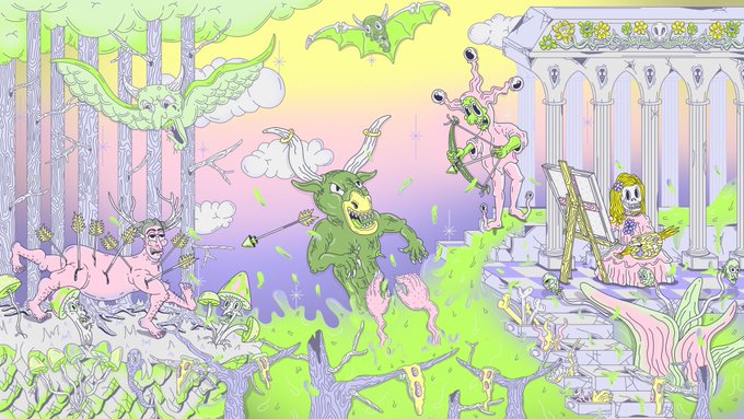 A whimsical digital artwork features a green creature, a pink centaur-like figure with deer antlers, a bat, and a skeleton with a guitar in a colorful fantasy landscape with columns.