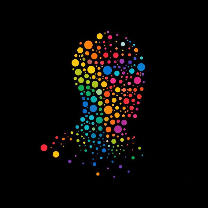 A skull silhouette composed of colorful dots in various sizes on a black background.