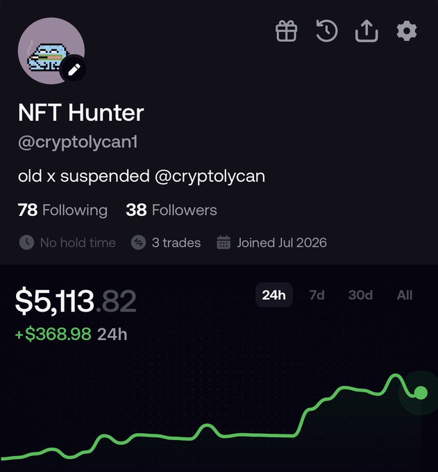 Screenshot of a crypto profile for "NFT Hunter" (@cryptolycan1) showing 78 Following, 38 Followers, 3 trades, joined July 2026, with a portfolio value of $5,113.82 (+$368.98 in 24h) and an upward green trend chart.