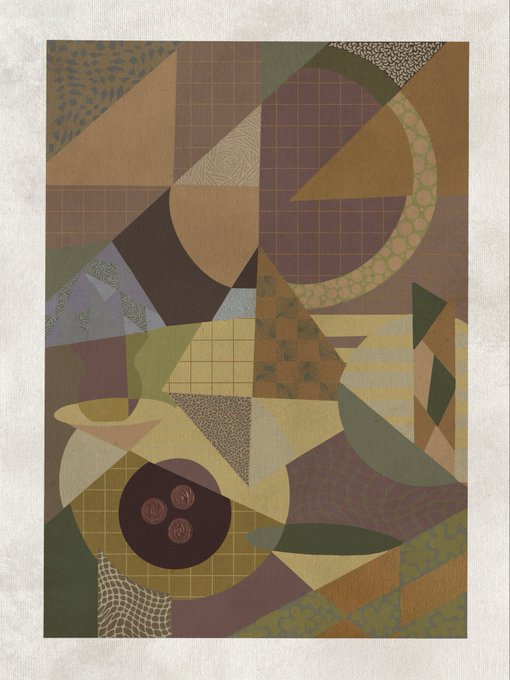 An abstract cubist-style art print featuring geometric shapes, patterns, and a cluster of buttons on a fabric-textured background.