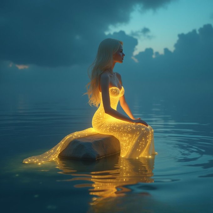 A blonde woman sits on a rock in water at twilight, wearing a glowing golden dress.