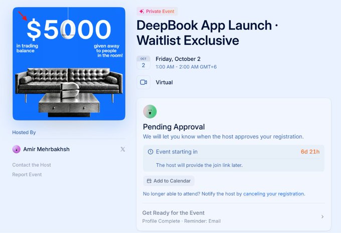 An event invitation for "DeepBook App Launch · Waitlist Exclusive" on October 2, hosted by Amir Mehrbakhsh, offering $5,000 in trading balance.