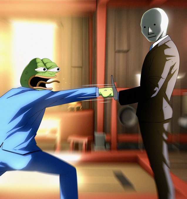 An illustration of a shocked Pepe the Frog character punching a tall figure wearing a white mask and dark suit.
