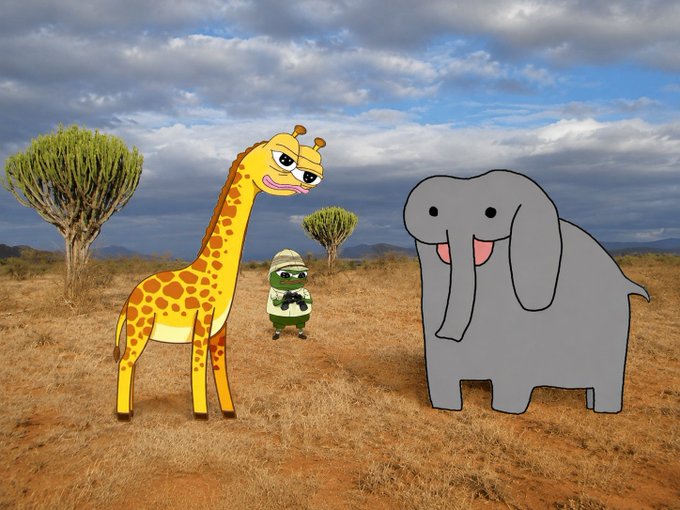 A whimsical cartoon scene featuring a giraffe, a small character in a safari hat, and an elephant superimposed on a savanna landscape with trees and a cloudy sky.