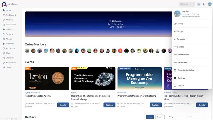 The image shows a page with a web browser window displaying an event listing from Arc, which includes several names of people attending. The title of the post emphasizes gratitude towards the Arc team, @samconnerone, @silencexlm, and @bobbilee for their support during the challenging times caused by the pandemic. The content on the post highlights the resumption of operations and expresses appreciation to the community that has continued to contribute to this effort.
