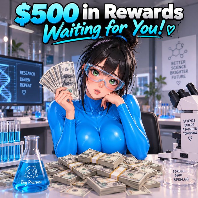 An anime-style illustration depicts a female character in a blue suit holding cash in a laboratory setting, with text '$500 in Rewards Waiting for You!' and 'RESEARCH DEGEN REPEAT' visible on a monitor.