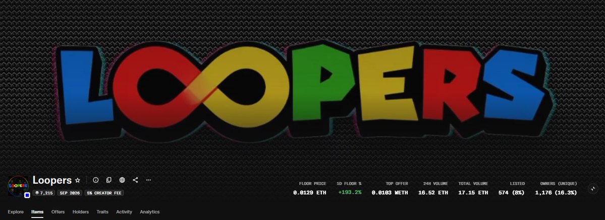 A colorful logo for 'LOOPERS' NFT collection displayed on a dark textured background, showing stats like 7,215 supply, 0.0129 ETH floor price, and 5% creator fee, launching Sep 2026.