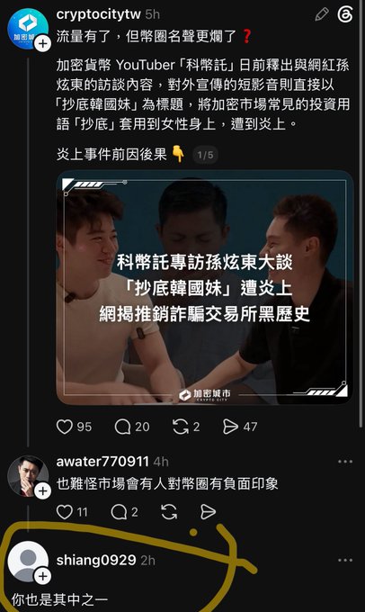 The image shows a Threads post by user "cryptocitytw" discussing crypto YouTuber "科幣託" (Kripto/科幣託) using the slang term "抄底韓國妹" (bottom-fishing Korean girls) when interviewing "孫炫東" about phishing scams, which caused controversy due to its inappropriate framing of women. A commenter "shiang0929" circled in yellow replies "你也是其中之一" (You are one of them), directly responding to the post's complaint about gross behavior by implying the original poster is also part of the problem.