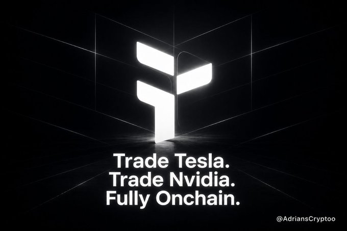 The focus of the image is a logo on a black background that says "Trade Tesla, Trade Nvidia, Trade GOOGLE, Trade AMAZON", suggesting that there are trading options available for various companies related to electric vehicles, such as Tesla. The main caption in white text describes this offering and directs viewers towards it, possibly promoting or informing about the cryptocurrency exchange or trading platform featured on the image.