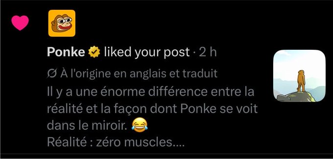 A social media notification shows 'Ponke' liking a post containing French text translated from English, accompanied by a meme image of a dog-like figure.