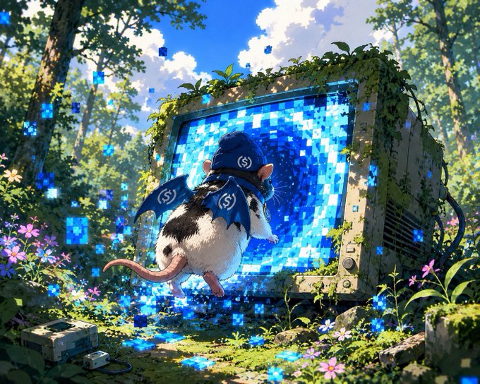An AI-generated illustration of a hamster wearing a blue hoodie and cape, interacting with a glowing blue pixelated screen in a lush forest.