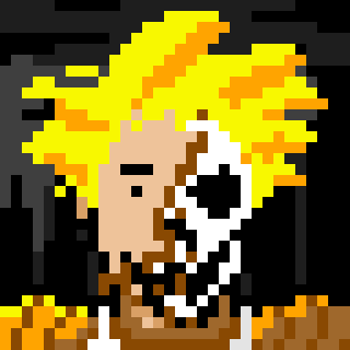 A low-resolution pixel art image of a person with bright yellow hair and a white streak, wearing a white top against a black background.