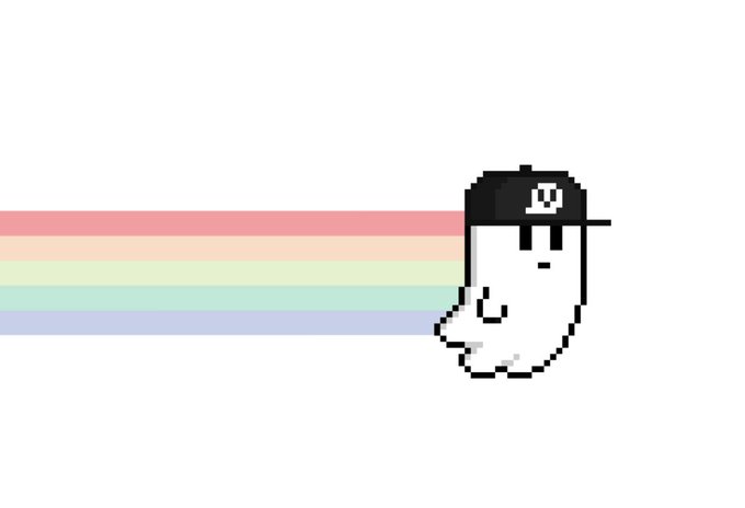 A pixel art image of a simple white ghost-like character wearing a black baseball cap, trailing rainbow stripes.