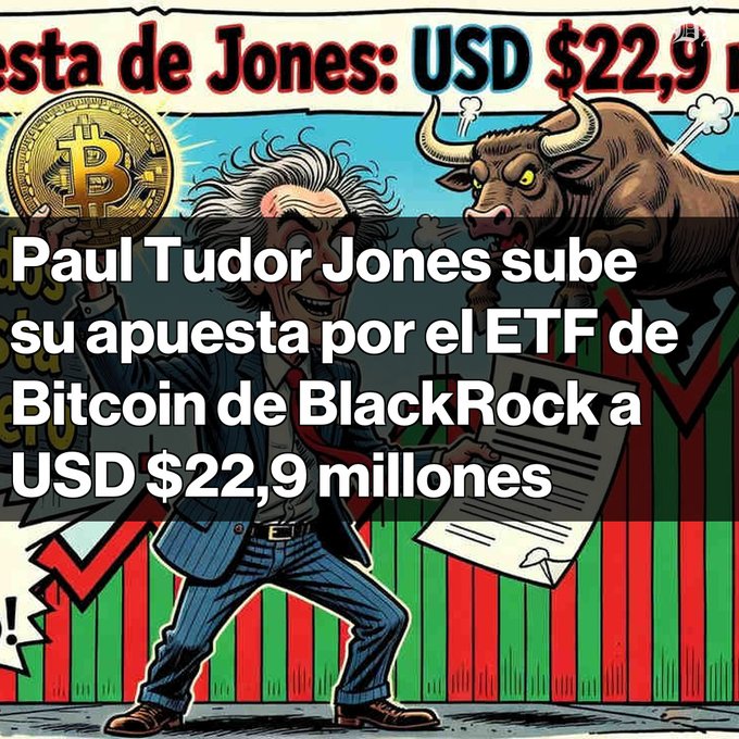 A cartoon image depicts an older man in a pinstriped suit holding a Bitcoin coin, standing next to an angry bull and a document showing a declining chart, with overlaid Spanish text reading: "Paul Tudor Jones sube su apuesta por el ETF de Bitcoin de BlackRock a USD $22,9 millones."

The image visually illustrates the article's news about legendary investor Paul Tudor Jones increasing his position in BlackRock's IBIT Bitcoin ETF to $22.9 million, with the Bitcoin coin and bull symbolizing his bullish stance on cryptocurrency despite the bearish market chart shown.