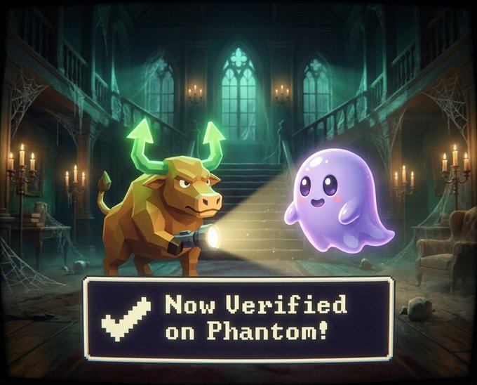 In this image, there are two characters - a bull with horns and a ghost with a face. The bull appears to be angry or aggressive, while the ghost seems innocent or sad. They are standing next to each other in front of an old building that has a staircase leading up to it. A sign is displayed above them, which reads "Now Verified on Phantom!". This suggests that someone has confirmed their identities as a bull and a ghost for a game or competition involving the characters.