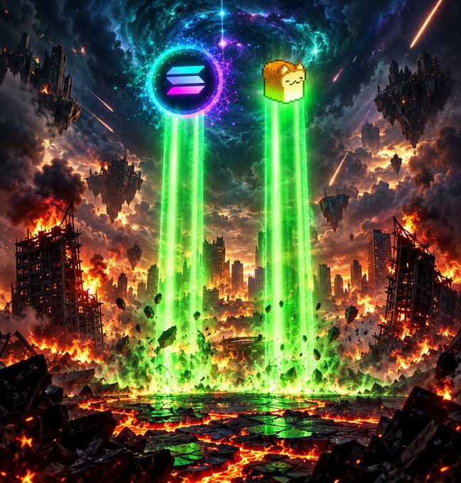 A dramatic digital artwork depicting Solana and Bitcoin logos emitting green beams of light onto a burning, apocalyptic cityscape.