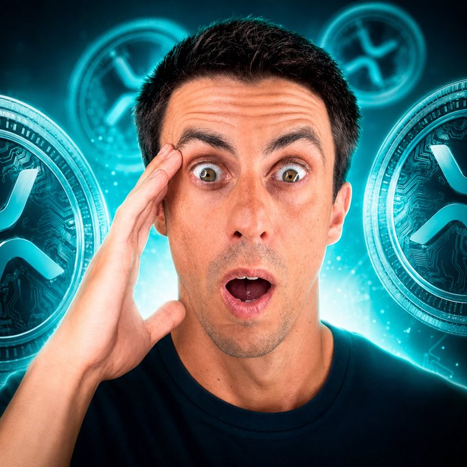 A man with a shocked expression, hand on his forehead, surrounded by glowing XRP cryptocurrency coins against a teal background. The image conveys the surprising realization many traders experience when discovering a comprehensive crypto trading training, emphasizing the urgency and value of the educational offer regarding XRP and the crypto market cycle.