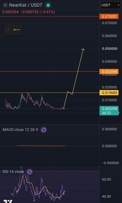 A TradingView price chart of NearKat/USDT displaying 0.003294 (-4.41%) with technical indicators including MACD and RSI 14, showing key price targets at 0.075051, 0.032094, and 0.015685.