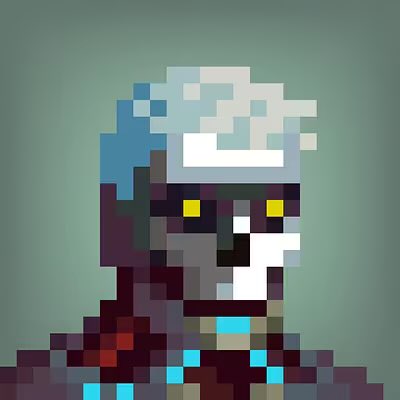 A pixel art portrait of a bearded character wearing a hooded robe with teal and red accents against a muted green background.