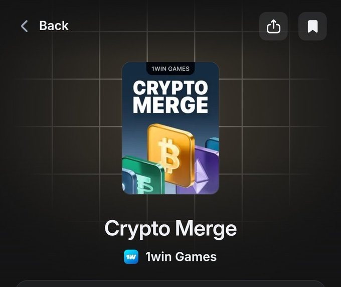 A mobile app store listing displays the "Crypto Merge" game by 1win Games, featuring app icon artwork with cryptocurrency symbols (Bitcoin and Ethereum).