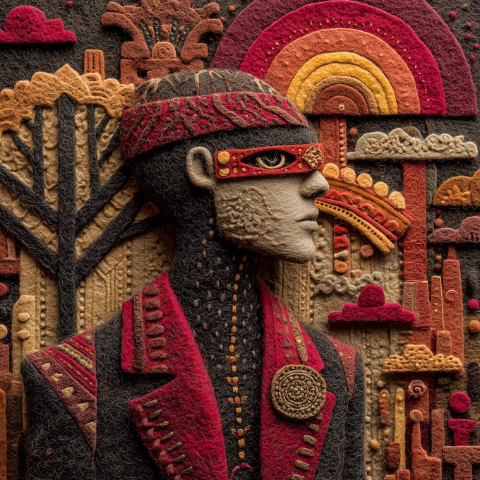 An artistic textured portrait of a bearded man wearing a red headband and traditional patterned clothing, set against an elaborate embroidered background featuring geometric designs and cloud motifs in red, orange, and earth tones.