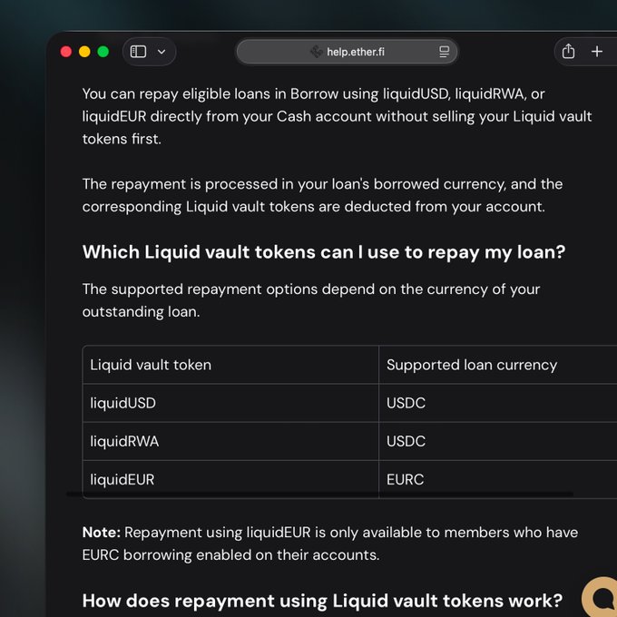 Screenshot from help.ether.fi explaining how to repay loans using Liquid vault tokens, showing a table that maps liquidUSD and liquidRWA to USDC, and liquidEUR to EURC.