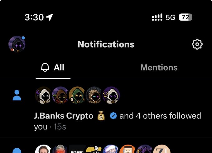 A smartphone notifications screen showing "J.Banks Crypto" and 4 others followed the user 15 seconds ago.
