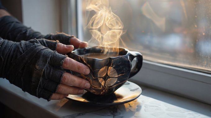 A gloved hand wraps around a dark ceramic coffee mug on a saucer by a window, with steam swirling above.