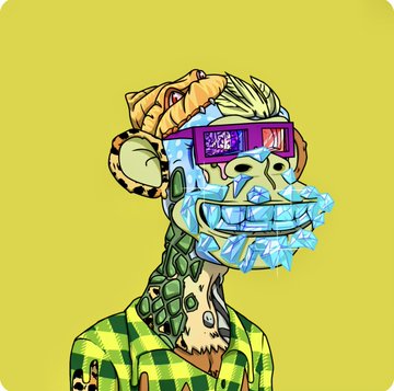 The image features a cartoon monkey wearing glasses, goggles, and a green shirt with a plaid pattern. The monkey has a face painted on its head that looks like an alien or a robot-like creature. The background of the image is yellow, which contrasts with the colorful attire of the monkey. There are also some text elements in the image, including "Buy an ape Hold an ape Be your ape Be proud to be a part of this community BAYC" and "Focus on what is in the image and how it relates to the post".