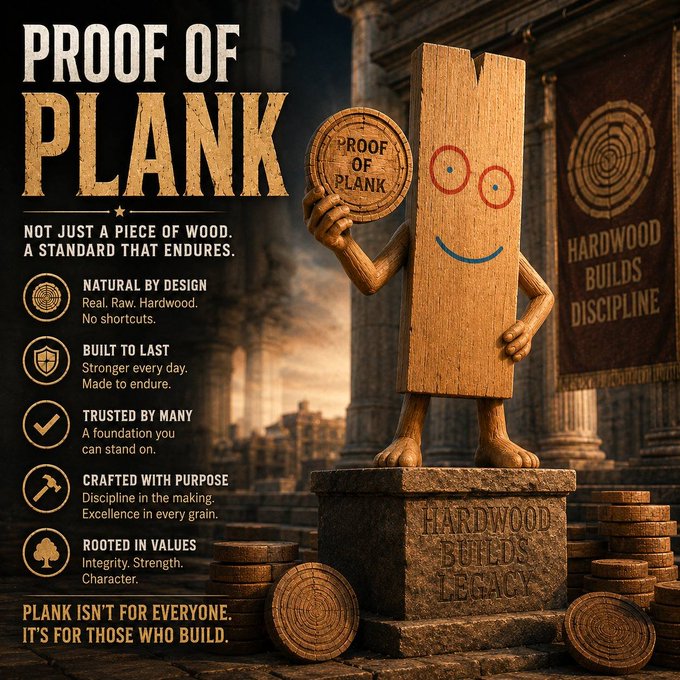 A promotional poster titled 'PROOF OF PLANK' featuring an anthropomorphic wooden plank character holding a 'PROOF OF PLANK' medallion, with text including 'NOT JUST A PIECE OF WOOD. A STANDARD THAT ENDURES.', 'NATURAL BY DESIGN', 'BUILT TO LAST', 'TRUSTED BY MANY', 'CRAFTED WITH PURPOSE', 'ROOTED IN VALUES', and 'PLANK ISN'T FOR EVERYONE. IT'S FOR THOSE WHO BUILD.'