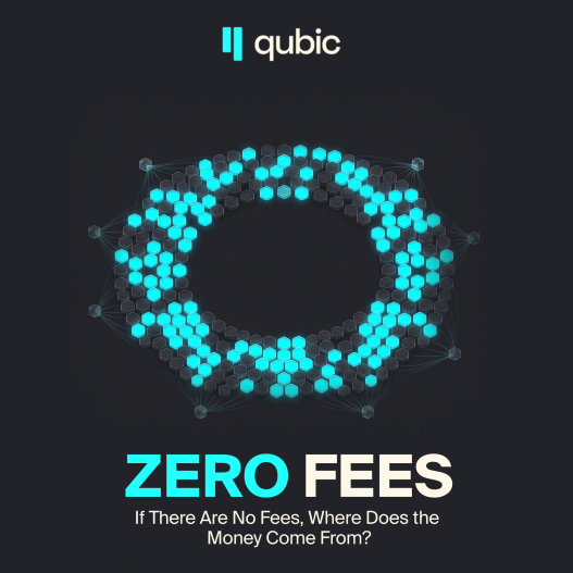 A promotional graphic for Qubic featuring a cyan hexagonal ring design above the headline "ZERO FEES" with the subheading "If There Are No Fees, Where Does the Money Come From?", introducing a post that explains how the network sustains itself without transaction fees.