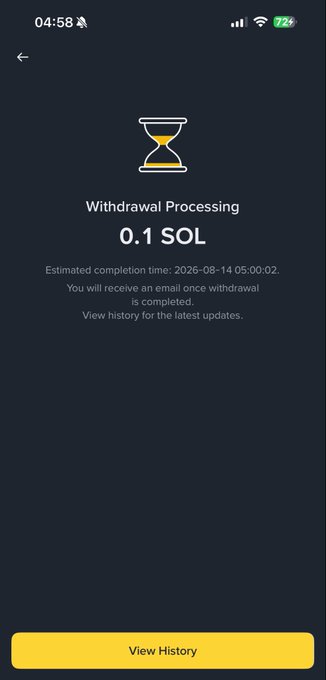 A mobile screenshot shows a cryptocurrency withdrawal processing screen for 0.1 SOL with an estimated completion time of 2026-08-14 05:00:02. The "Done fam" caption suggests the user has successfully initiated the withdrawal, with a "View History" button at the bottom to track its progress.