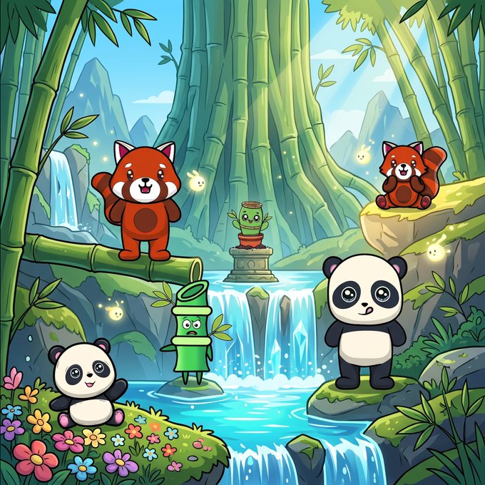 A colorful cartoon illustration featuring red pandas and pandas in a bamboo forest with waterfalls, flowers, and small bamboo-like characters.