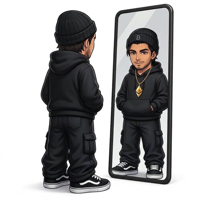A cartoon illustration of a man in a black beanie with a Bitcoin logo, black hoodie, and cargo pants standing with his back turned while looking at his reflection in a mirror, which shows his face and a gold Ethereum necklace.