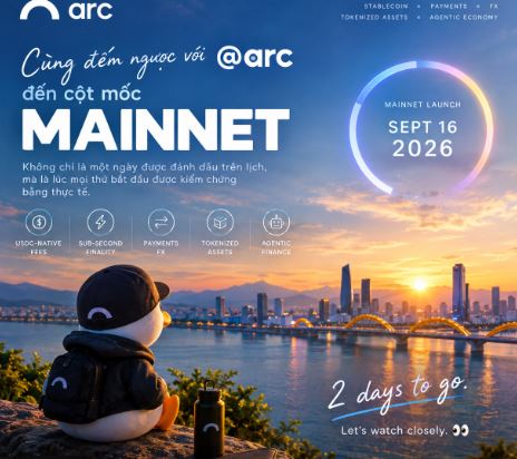 A promotional graphic for "arc" featuring a cartoon penguin overlooking a city at sunset, announcing the "MAINNET LAUNCH" on "SEPT 16 2026" with "2 days to go" until the event.