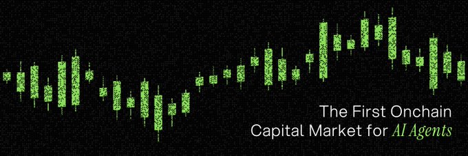 Promotional banner featuring green candlestick chart graphics on a dark background with the text 'The First Onchain Capital Market for AI Agents'.