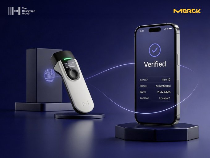 The image features two smartphones placed side by side against a blue backdrop. Both phones are displaying the verified status. The text in the image reads "The Hashgraph Group and @merckgroup are extending TrackTrace, our Hedera-based Digital Product Passport platform." This suggests that the focus of this image is on how tracking solutions like TrackTrace help verify the origins of products such as smartphones or other digital devices.