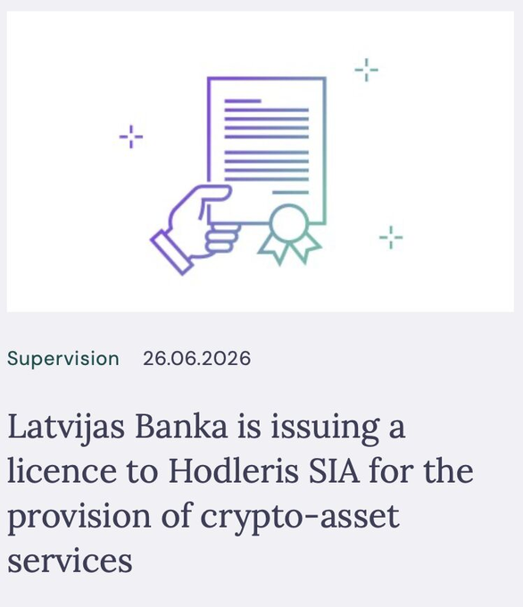 The image features a line-art illustration of a hand holding a certificate with a ribbon seal, set against a light background with small decorative cross marks. It accompanies a news announcement from Latvijas Banka dated 26.06.2026, announcing that Hfinance (SIA Hodleris) has been granted a MiCA licence to provide crypto-asset services across all 27 EU member states.