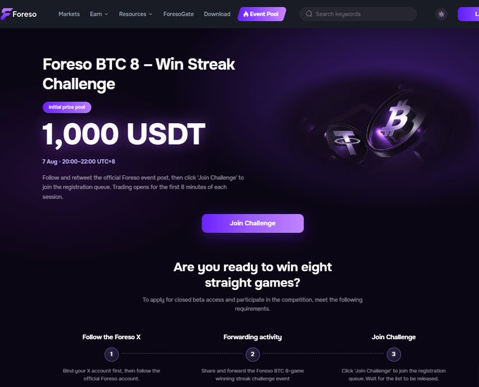 A webpage for the 'Foreso BTC 8 – Win Streak Challenge' advertising an initial prize pool of '1,000 USDT' with a 'Join Challenge' button and instructions to follow Foreso X, share a tweet, and join the challenge.