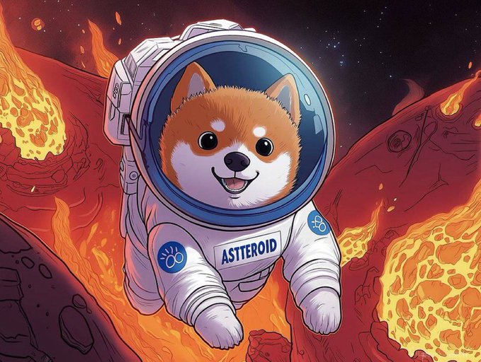 An illustrated cartoon of a smiling Shiba Inu dog wearing a white spacesuit labeled 'ASTEROID,' floating in space with fiery asteroids and a starry background.