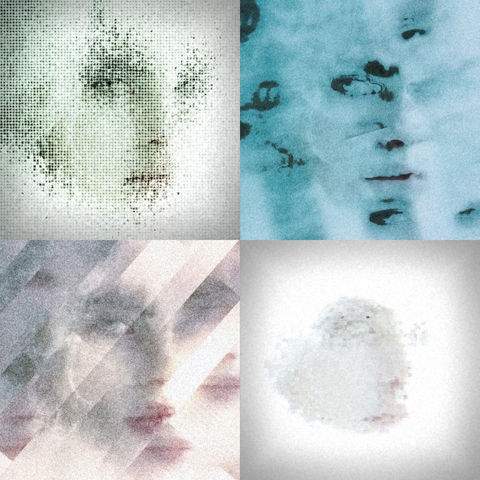 A four-panel artistic composition featuring abstract, muted-toned portraits rendered in halftone patterns, ink washes, and soft gradients.