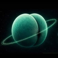 A digital illustration of a green planet with rings against a dark starry background.